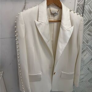 NADINE MERABI Ivory Pearl-Embellished Blazer